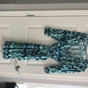 Faux wrap dress, elbow length sleeves, tie wrap